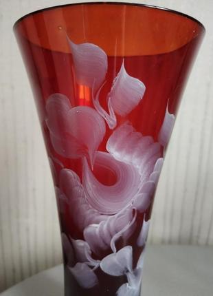 Вінтаж!!! кольорове скло! червона ваза ручний розпис2 фото