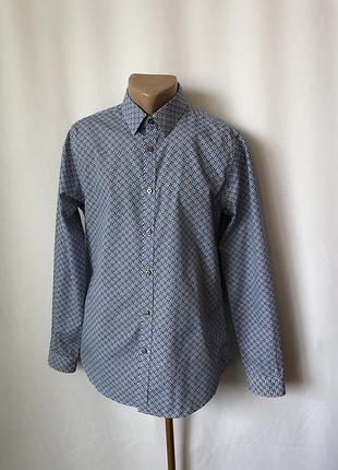 Голубая рубашка с мелким рисунком «вертушка» express сорочка длинный рукав синяя голубая классическая хлопок