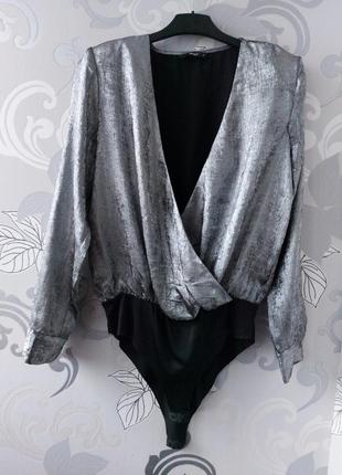 Шикарний сріблястий сеоебряный чорний блискучий вечірній боді бодік блуза на запах