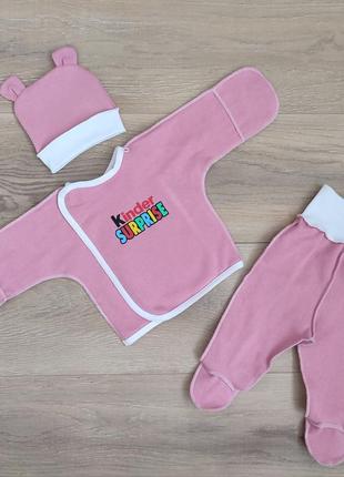 Теплый комплект 3-ка для новорожденной девочки байковый костюм для малыша в роддом шапка ползунки распашонка