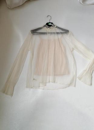 Прозрачная блуза сетка два в одном рукав волан оборка на горловине жемчужины и стразы воротник рюша.4 фото
