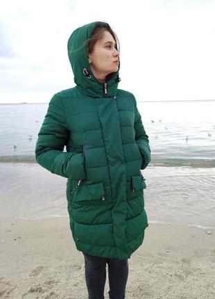 Пуховик женский fdpp, куртка, курточка женская длинная, зимний, темно зеленого цвета, с капюшоном, размер 44-46) в хорошем состоянии2 фото