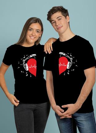 Парні футболки серце в навушниках, прикольні парні футболки для двох подарунок на 14 лютого1 фото