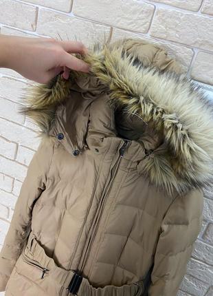 Тёплая зимняя куртка пуховик бежевая  с капюшоном пух с мехом коричневый hallhuber5 фото