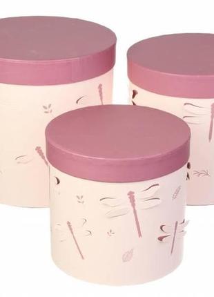 Набір круглих подарункових коробок "стрекоза" рожевих (комплект 3 шт)1 фото