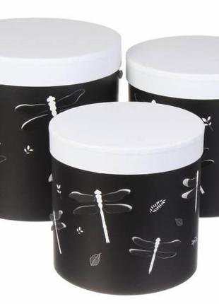 Набір круглих подарункових коробок "стрекоза" чорно-білих (комплект 3 шт)1 фото