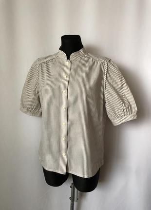 Бежевая блузка в полоску романтик полосатая винтаж винтажная блуза сорочка короткий рукав пышный рукав фонарик