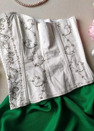 Белый винтажный корсет на косточках с вышивкой rise, хлопок3 фото
