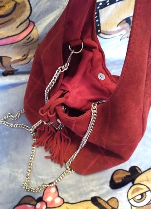 Красная кожаная сумка мешок из натуральной замши3 фото