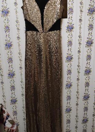 Шикарное  вечернее платье макси  в золотистых пайетках6 фото