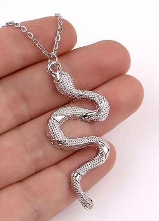 Серебристый кулон змея с цепочкой 🐍 (подвеска, цепочка, тренд)2 фото