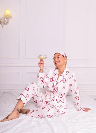 Хлопковая пижама с сердечками, пижама к дню святого валентина, пижама жакет и штаны, love story, празничная пижама1 фото