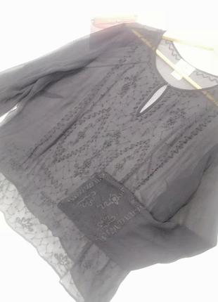 Шелковая черная блузка кофта расшитая бисером прозрачная с рукавами3 фото