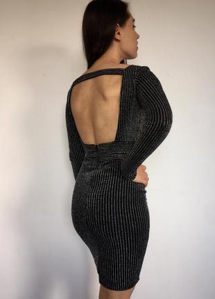 Платье мини вечернее люрекс чёрного цвета блестящее с открытой спиной облегающее сексуальное с люрексовой нитью коктельное футляр с длинными рукавами7 фото