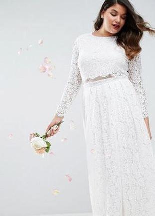 Кружевное свадебное платье макси с укороченным топом и длинными рукавами asos edition3 фото