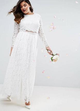 Кружевное свадебное платье макси с укороченным топом и длинными рукавами asos edition6 фото