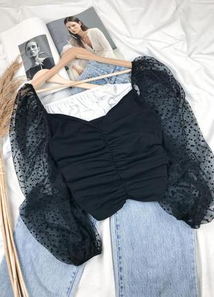 Топ с длинными объёмными рукавами из сетки добби, чёрная блуза3 фото