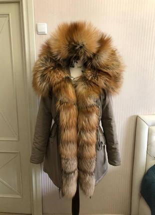 Супер парка мех лиса, цвет хаки пальто зимнее с мехом