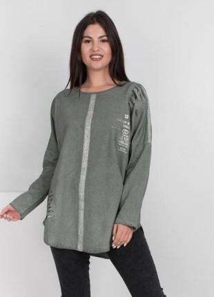 Стильна зелена хакі блуза кофта реглан туніка світшот з написом великий розмір батал оверсайз4 фото