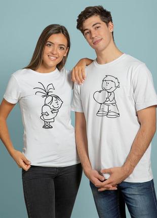 Парні футболки для закоханих чоловічки з серцями, прикольна парна одяг на подарунок 14 лютого