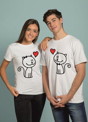 Одинаковые парные футболки с котиками, парные вещи для двоих влюбленных на день валентина 14 февраля1 фото