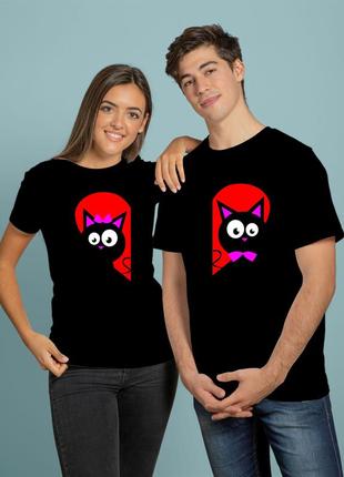 Парні футболки з принтами котики в серцях, прикольні парні майки для двох закоханих