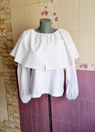 Zara новая белая рубашка пьеро с воланом большим воротником