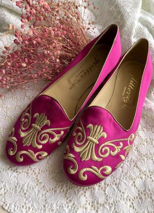 Розовые балетки,туфли,лодочки,золотая вышивка,glitter pink1 фото
