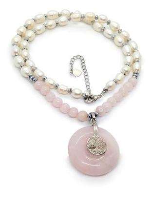 🌸🌟 ошатне кольє в стилі бохо з підвіскою "донат" натуральний перли, камінь рожевий кварц2 фото