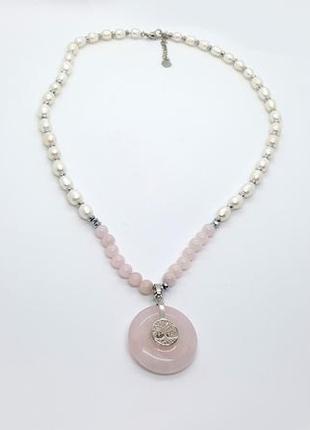 🌸🌟 ошатне кольє в стилі бохо з підвіскою "донат" натуральний перли, камінь рожевий кварц4 фото