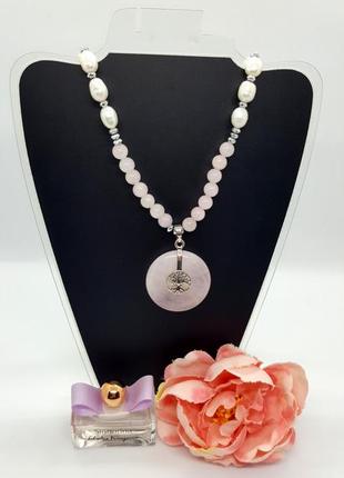🌸🌟 ошатне кольє в стилі бохо з підвіскою "донат" натуральний перли, камінь рожевий кварц9 фото
