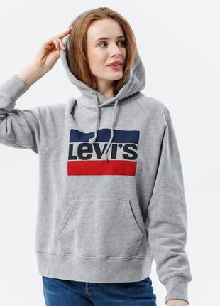 Levi’s худи свитшот оверсайз тёплый с капюшоном на байке серый оригинал