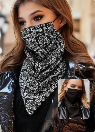 Шейный платок-маска, черный с белыми цветами1 фото