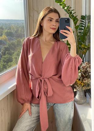 Шикарна порошно рожева блуза з бантом 1+1=3