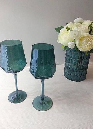 Келих для вина із кольорового зеленого скла кристал морська хвиля 500 мл