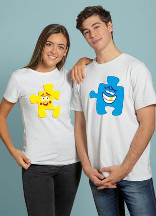 Парные футболки с яркими пазлами, футболки для двоих с принтами пазлы для двоих подарок на 14 феврал