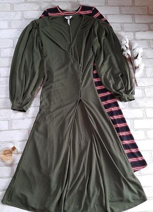 Оливковое зелёное платье макси длинное в рубчик на запах1 фото