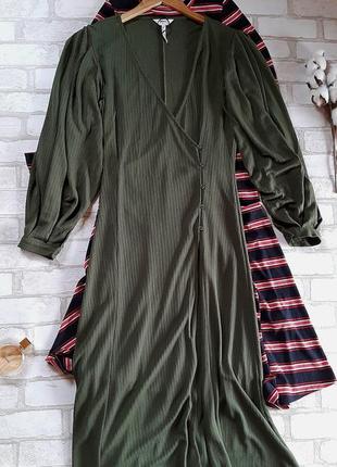 Оливковое зелёное платье макси длинное в рубчик на запах6 фото