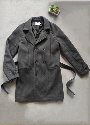 Качественное тёмно-серое удлинённое двубортное шерстяное пальто с поясом topman