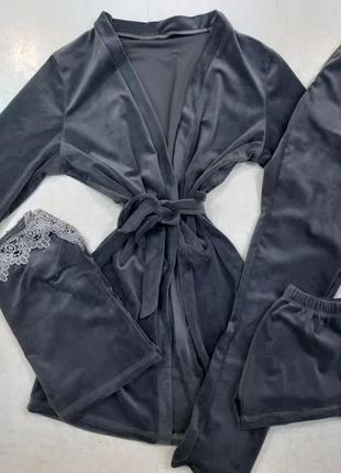 Женский велюровый комплект для дома и сна 4в1 майка шорты штаны и халат