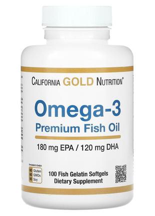 Омега-3, премиум, 100 капсул рыбий жир california gold nutrition