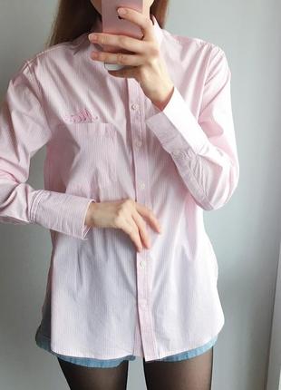 Розовая рубашка в полоску с вышивкой2 фото