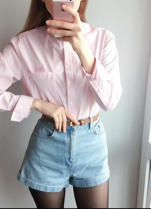 Розовая рубашка в полоску с вышивкой5 фото