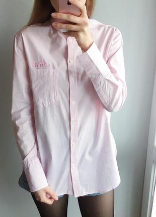 Розовая рубашка в полоску с вышивкой4 фото