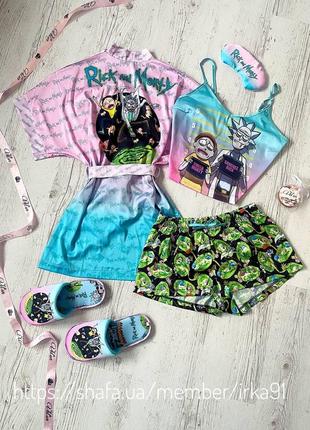 Шелковая пижама и халат с принтом rick and morty