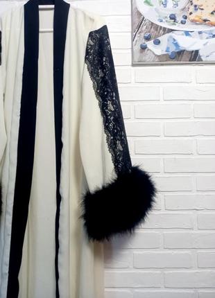 Роскошный халат в пол, длинный халат с страусиными перьями3 фото