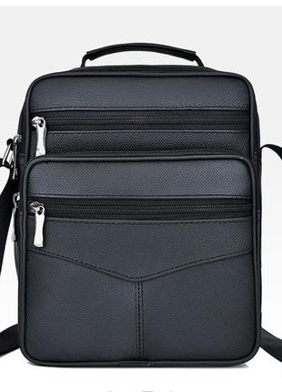 Натуральная кожаная сумка мужская 30*20 портфель барсетка 3в1 черная большая через плечо