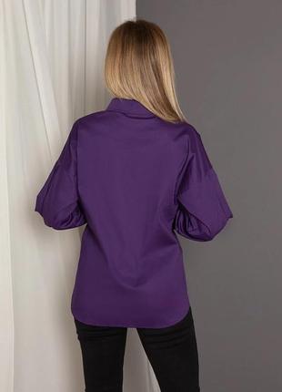 Фиолетовая хлопковая рубашка с присборенными рукавами3 фото
