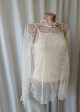 Прозрачная блуза сетка два в одном рукав волан оборка на горловине жемчужины и стразы воротник рюша.5 фото