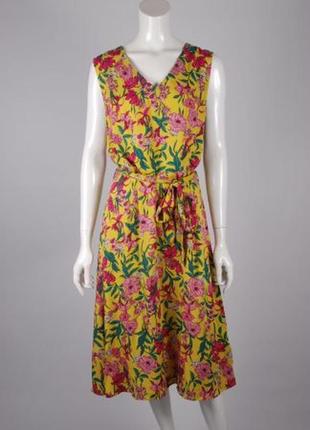 Красивое натуральное цветочное летнее платье миди с поясом7 фото